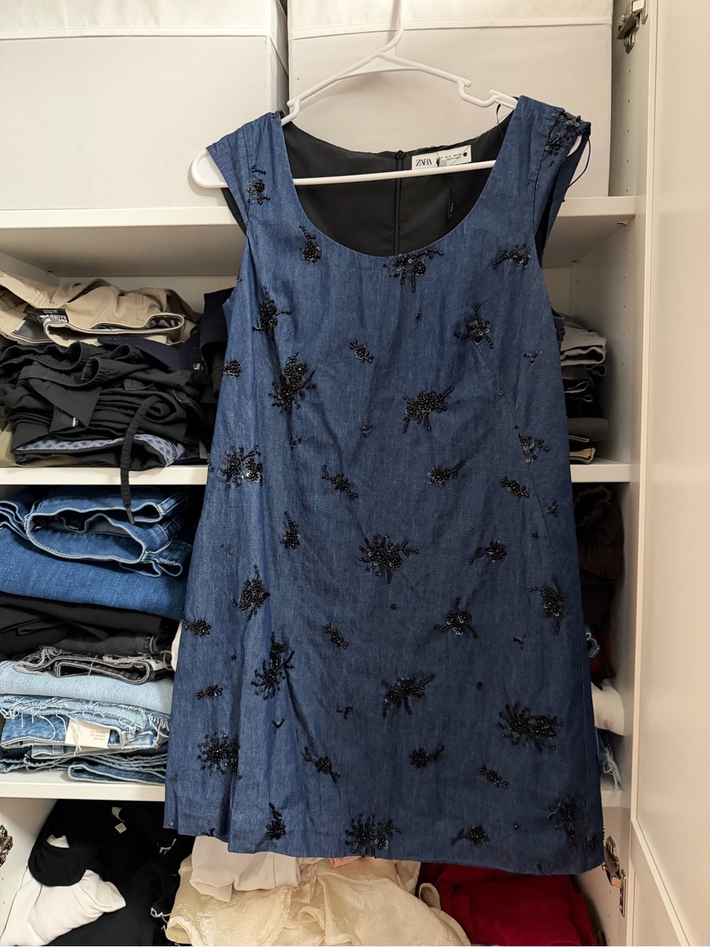 Zara Denim-Look Blue Shift Dress with Black Sequin Embellishment